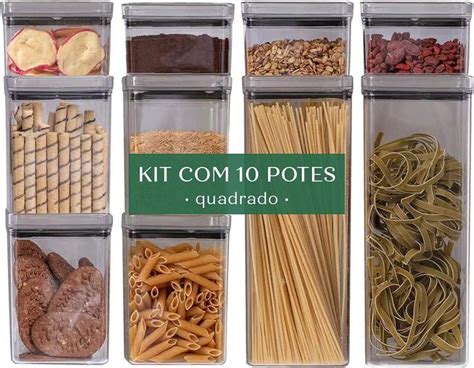 Kit 10 Potes Herméticos Quadrados Empilháveis Paramount Pote