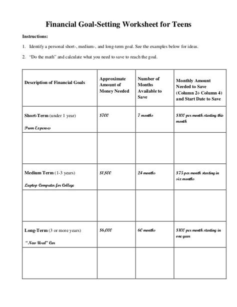 Financial Goal Setting Worksheet For Teens