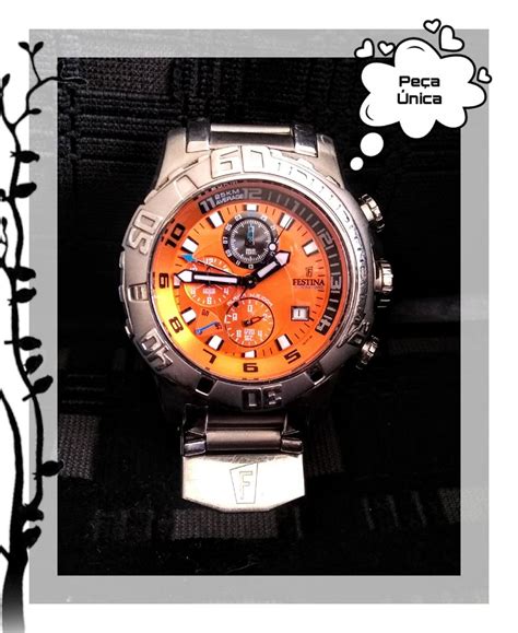 Rel Gio Festina F Chrono Bike Prata C Fundo Laranja Rel Gio