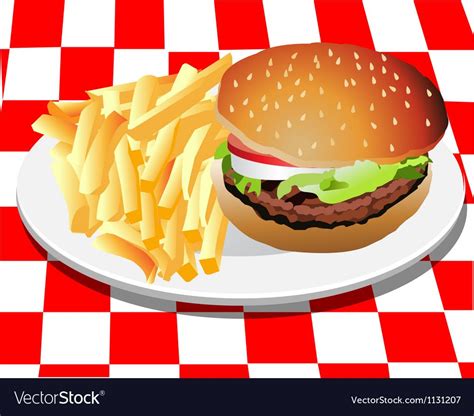 Hamburger And Fries On White Plate With A Checker Tablecloth Download A Free Preview Or High