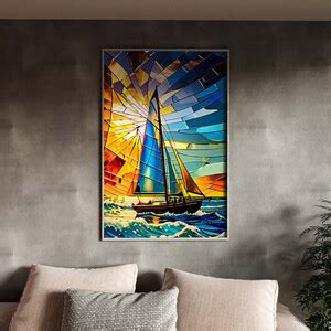 Quadro Decorativo Paisagem Barco A Vela Vitral Moldura Prata