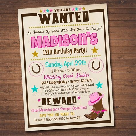 Editable Cowgirl Birthday Invitation Western Theme Party Etsy Cowgirl