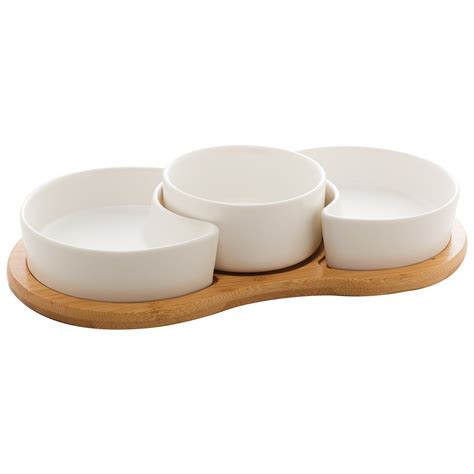 Conjunto Petisqueiras Porcelana Bandeja Bambu Branco Matt