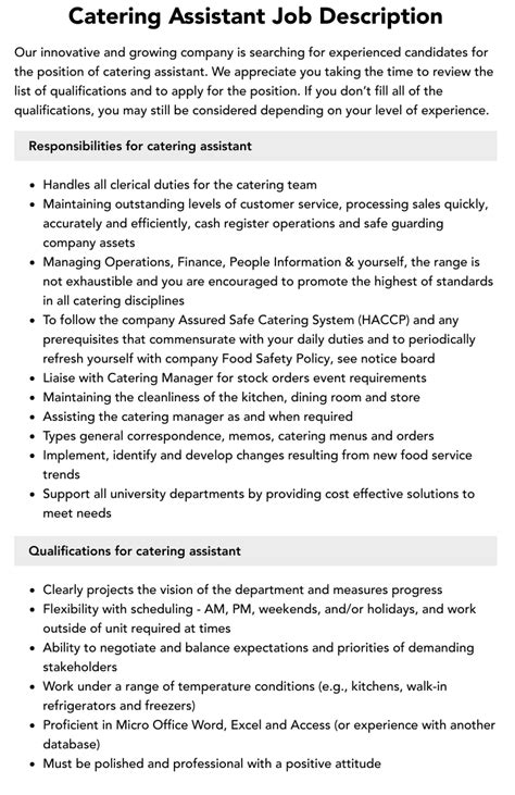 Catering Assistant Job Description Velvet Jobs