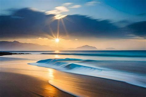 sunrise over the sea, waves, mountains, beach, hd wallpaper. AI ...