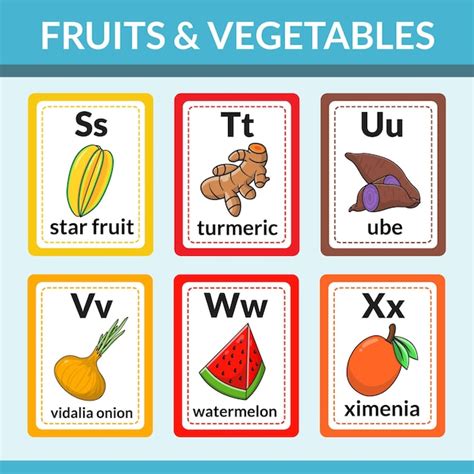 Tarjetas didácticas de frutas y verduras para introducir alfabetos y