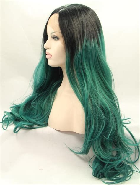 26 Black Green Ombre Color Wavy Synthetic Lace Front Wig Edw1091