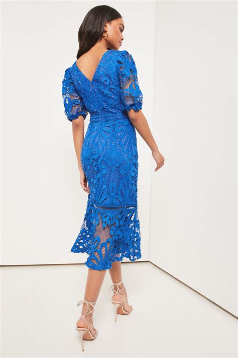 Buy Lipsy Blue Petite Premium Lace V Neck Puff Sleeve Midi Dress From