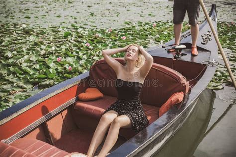 Beautiful Blonde Woman Riding On Gondola Travels Concept Stock Image Image Of People City