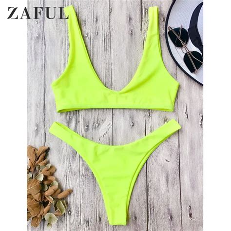 Zaful High Cut Scoop Neck Bikini Set Bralette Wire Free Swimwears Solid