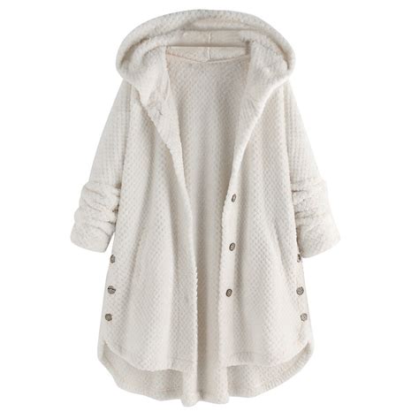 Patlollav Womens Coats Plus Size Clearance Fleece Irregular Long Sleeve Button Pocket Hooded