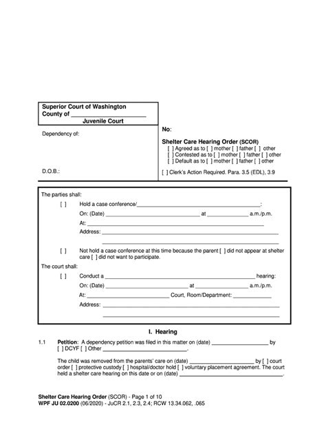 Fillable Online Form WPF JU02 0200 Shelter Care Hearing Order Scor