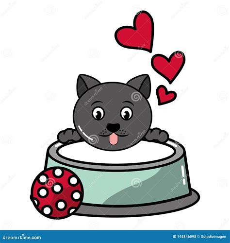 Cute Cat with Milk Bowl and Ball Toy Stock Illustration - Illustration of pets, isolated: 145846098