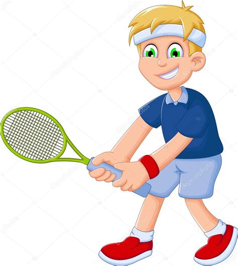 Dibujos Animados De Chico Divertido Jugar Al Tenis Vector De Stock