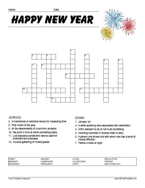 Print Happy New Year Crossword Free Printable