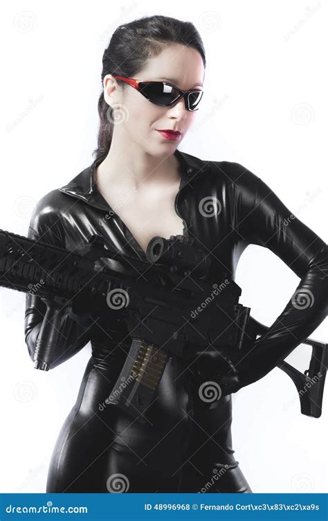 Brunette Woman In Latex With Gun Stock Photo Image Of Girl Criminal 48996968