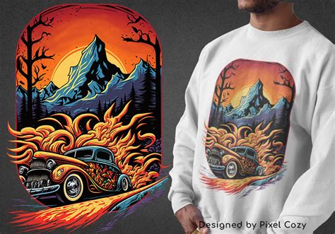 Hot Rod Flames Illustration Of Retro Car In The Mountains Design For T Shirt Pixel Cozy