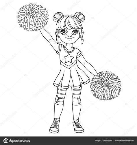 Cute Girl Cheerleader Costume Big Pompons Outlined Coloring Page Stock