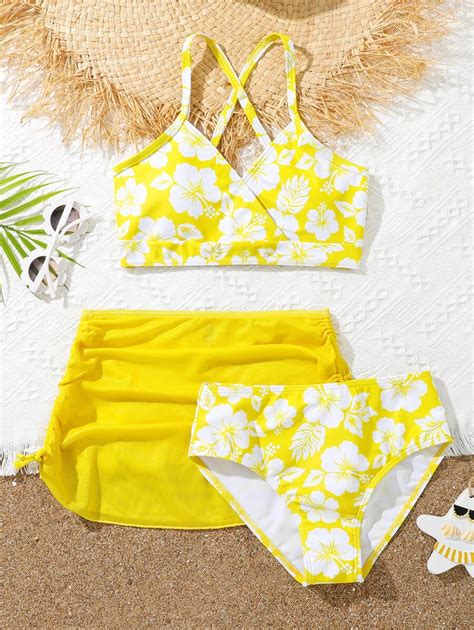 SHEIN Conjunto De Bikini Con Estampado Floral Y Cruce En El Pecho Talla Grande Falda De Playa