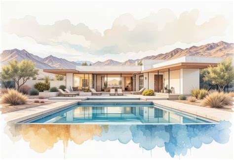 Fluid Expression Watercolor Painting of a Modern Desert Retreat, Soft Colors, Artistic ...
