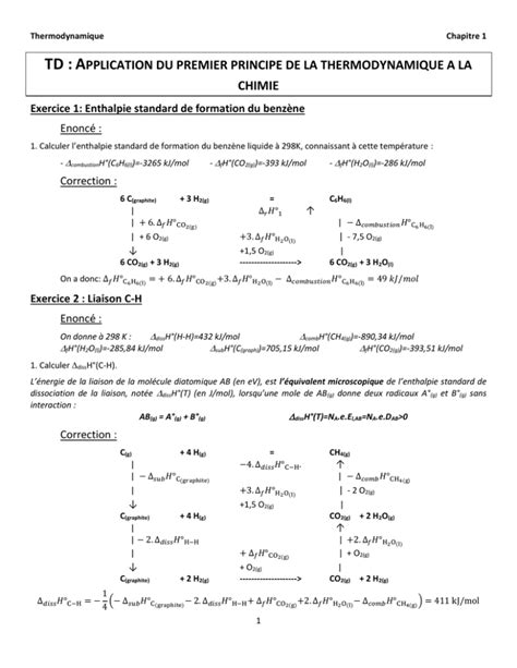 Td Application Du Premier Principe De La Thermodynamique A La Chimie