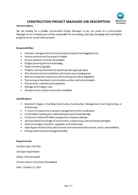 Construction Project Manager Job Description Templates At