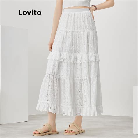 Lovito Boho Plain Ruffle Hem Lettuce Trim A Line Skirt For Women