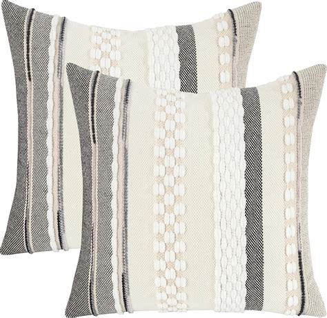 Tosleo Boho Pillow Covers 18x18 Inch Set Of 2 White Striped Chenille Throw Pillow