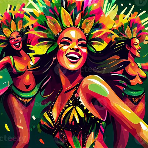 Rio De Janeiro Carnival Party Illustration Close Up Woman In Tropical