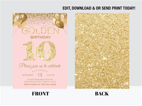 Golden Birthday Invitation Pink Gold Glitter Birthday Etsy