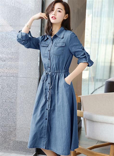 Long Sleeve Elastic Waist Denim Dress With Blet