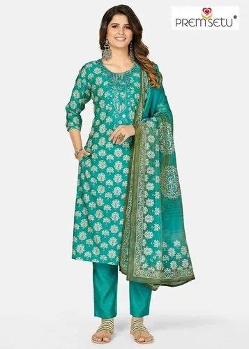 Model Silk Fabric Sky Premsetu Printed Straight Kurti Pant Pair With