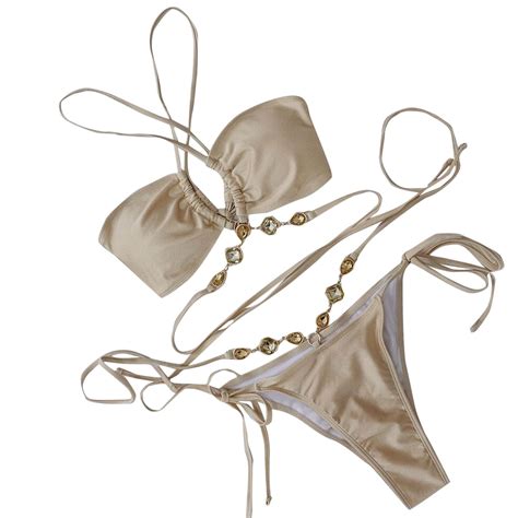 Arnsht Women Color Block Swimsuit Rhinestone Halter Thong Low Rise Bikini Set Vacation Beach