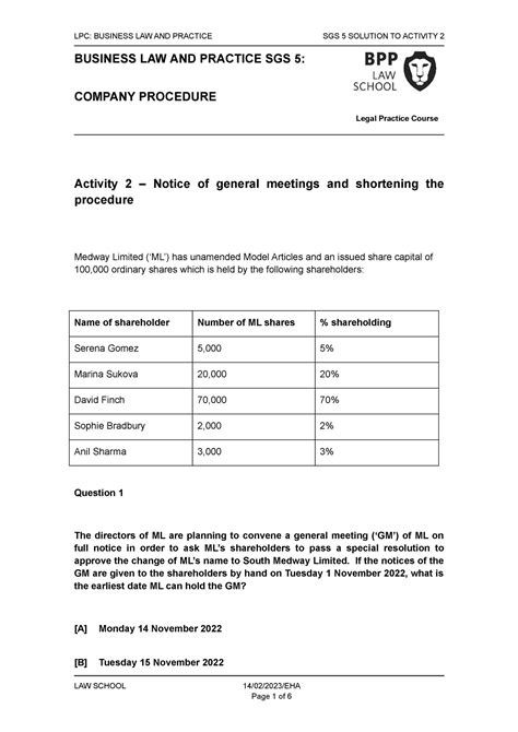 BLP SGS 05 Activity 2 Solution 22 23 BUSINESS LAW AND PRACTICE SGS 5