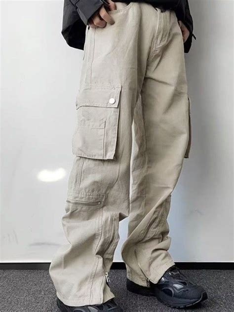 Emmiol Free Shipping 2023 Men S Zip Fly Pocket Cargo Pants White L In