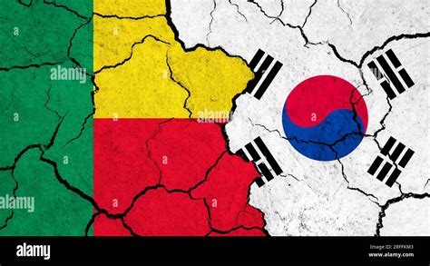 Flags Of Benin And South Korea On Cracked Surface Politics