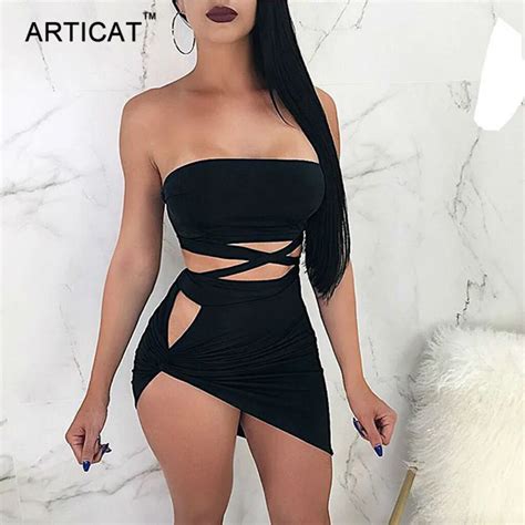 Articat Lace Up Bandage Bodycon Mini Dress Women 2 Piece Set Summer Strapless Slim Short Dress