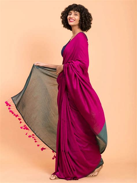 Pink And Dark Teal Colorblocked Cotton Acrylic Saree Without Blouse