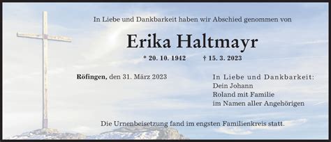 Traueranzeigen Von Erika Haltmayr Augsburger Allgemeine Zeitung