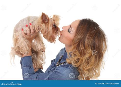 Woman with Yorkshire Terrier Stock Image - Image of young, happy: 107209749