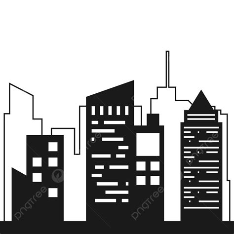 Black City Silhouette With Line Art Building Vector, City Drawing, Building Drawing, Silhouette ...