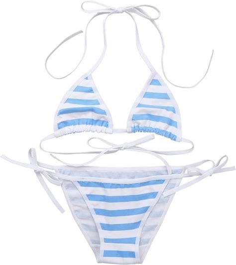 Amazon Agoky Women S Striped Bikini Set Halter Top Tie Side