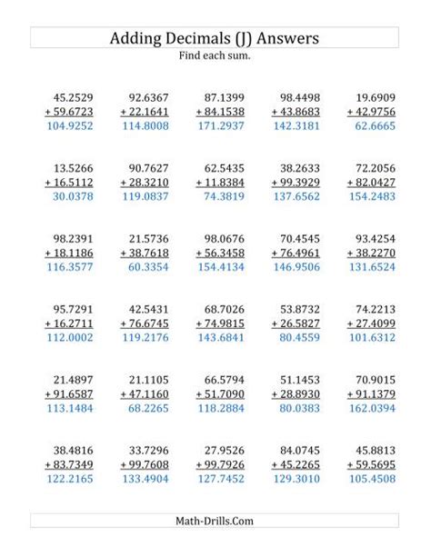 Adding Decimal Ten Thousandths With 2 Digits Before The Decimal Range 10 0001 To 99 9999 J