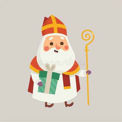 Cute Saint Nicholas Sinterklaas With Gift Cartoon Style Vector