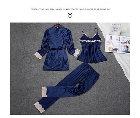 Ladies Sexy Silk Satin Pajama Set Lace Sleepwear Set Fashion Home Clothing V Neck Nightwear Bathrobe