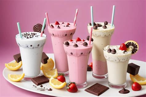 Premium Photo | Photo assortment of milkshake glasses with fruits and chocolate