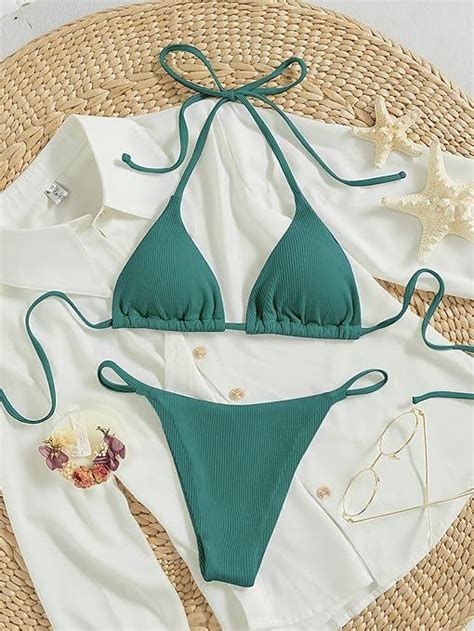 Rib Tie Back Halter Triangle Bikini Swimsuit Artofit