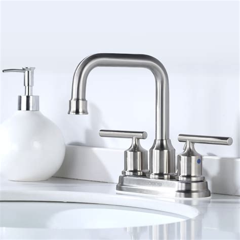 Wowow Brushed Nickel 4 In Centerset 2 Handle Bathroom Sink Faucet With Drain In The Bathroom