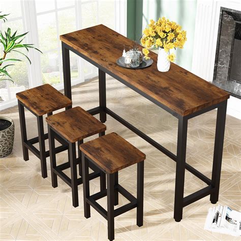 4 Pieces Dining Set, Extra Long Dining Table Set with 3 Stools, Kitchen Tables Set for Small ...