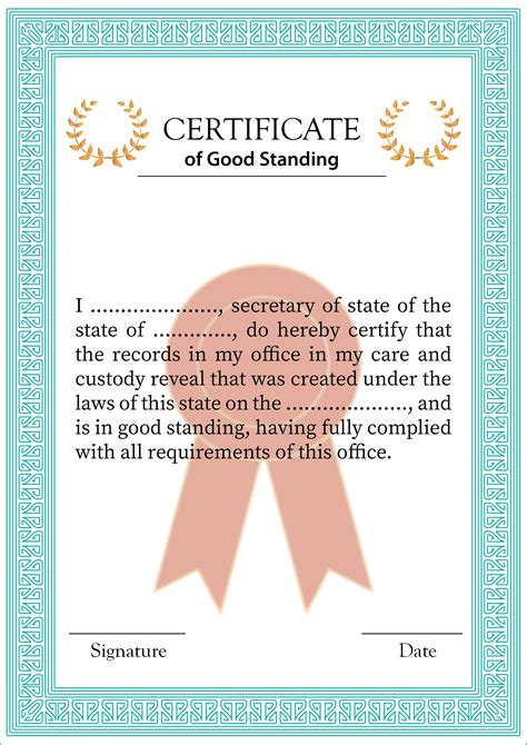 Certificate Of Good Standing Blank Printable In PDF Word